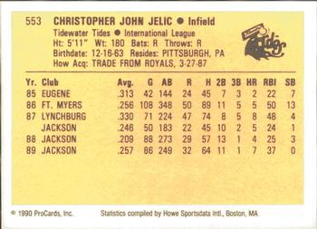 1990 ProCards #553 Chris Jelic Back