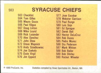 1990 ProCards #563 Syracuse Chiefs Checklist Back