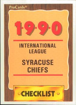 1990 ProCards #563 Syracuse Chiefs Checklist Front