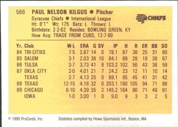 1990 ProCards #566 Paul Kilgus Back