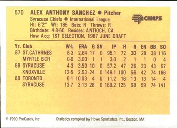 1990 ProCards #570 Alex Sanchez Back