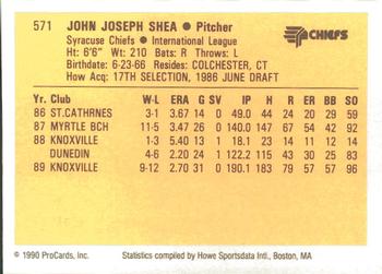 1990 ProCards #571 John Shea Back