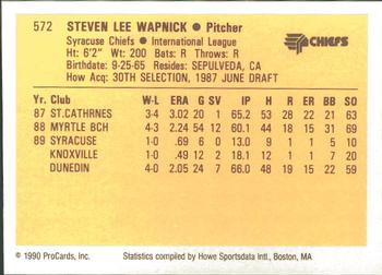 1990 ProCards #572 Steve Wapnick Back