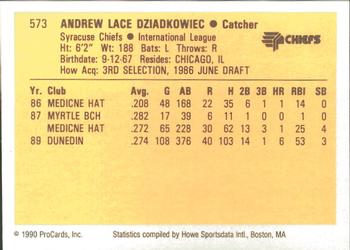 1990 ProCards #573 Andy Dziadkowiec Back