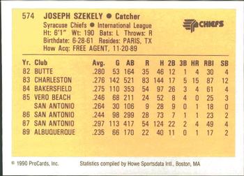 1990 ProCards #574 Joe Szekely Back
