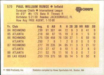 1990 ProCards #579 Paul Runge Back