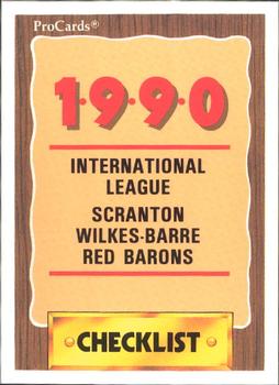 1990 ProCards #591 Scranton/Wilkes-Barre Red Barons Checklist Front
