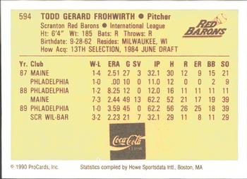 1990 ProCards #594 Todd Frohwirth Back