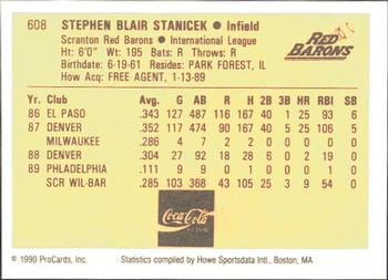 1990 ProCards #608 Steve Stanicek Back