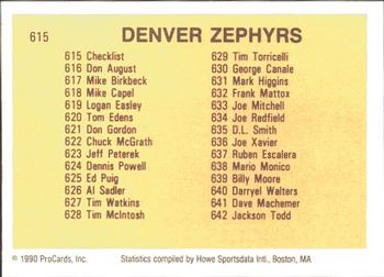 1990 ProCards #615 Denver Zephyrs Checklist Back
