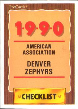 1990 ProCards #615 Denver Zephyrs Checklist Front