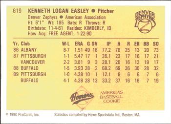 1990 ProCards #619 Logan Easley Back