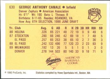 1990 ProCards #630 George Canale Back