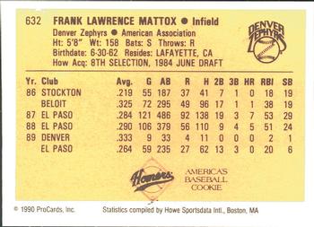1990 ProCards #632 Frank Mattox Back