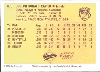 1990 ProCards #636 Joe Xavier Back