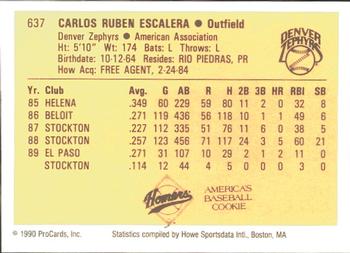 1990 ProCards #637 Ruben Escalera Back