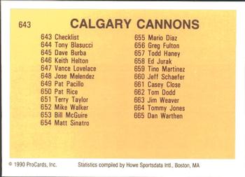1990 ProCards #643 Calgary Cannons Checklist Back