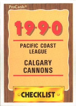 1990 ProCards #643 Calgary Cannons Checklist Front