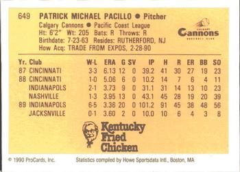 1990 ProCards #649 Pat Pacillo Back