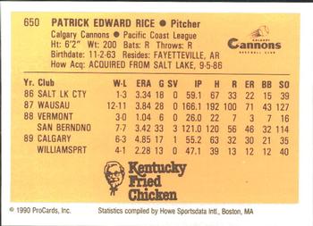 1990 ProCards #650 Pat Rice Back