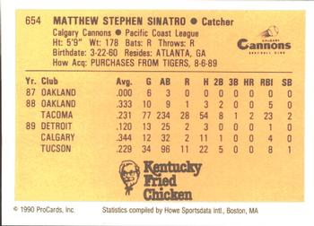 1990 ProCards #654 Matt Sinatro Back