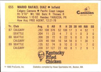 1990 ProCards #655 Mario Diaz Back