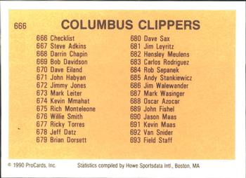 1990 ProCards #666 Columbus Clippers Checklist Back