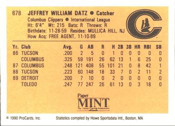 1990 ProCards #678 Jeff Datz Back