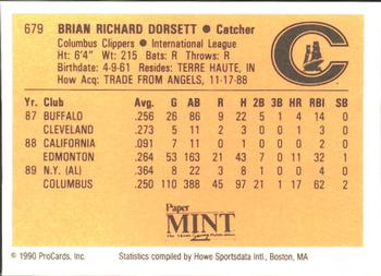 1990 ProCards #679 Brian Dorsett Back