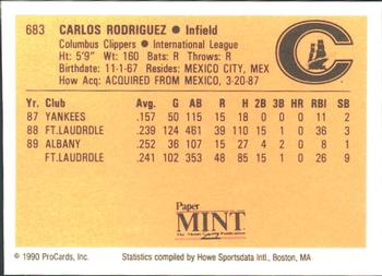 1990 ProCards #683 Carlos Rodriguez Back