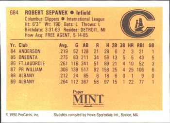 1990 ProCards #684 Rob Sepanek Back