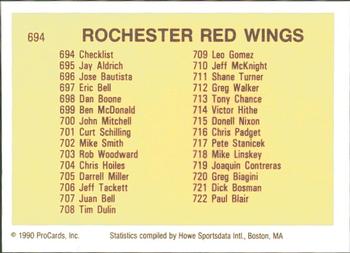 1990 ProCards #694 Rochester Red Wings Checklist Back