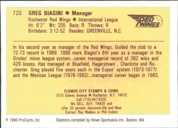 1990 ProCards #720 Greg Biagini Back