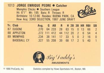 1990 ProCards #1013 Jorge Pedre Back