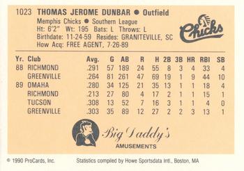 1990 ProCards #1023 Tommy Dunbar Back