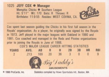1990 ProCards #1025 Jeff Cox Back