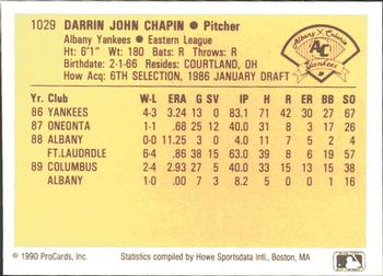 1990 ProCards #1029 Darrin Chapin Back