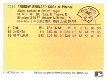 1990 ProCards #1031 Andy Cook Back