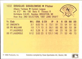 1990 ProCards #1032 Doug Gogolewski Back