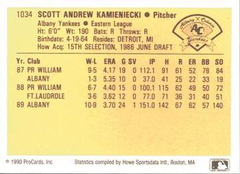 1990 ProCards #1034 Scott Kamieniecki Back