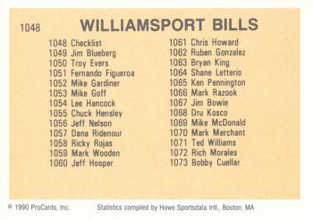 1990 ProCards #1048 Williamsport Bills Checklist Back