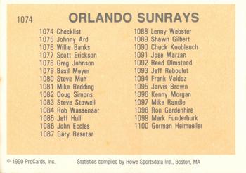 1990 ProCards #1074 Orlando Sun Rays Checklist Back
