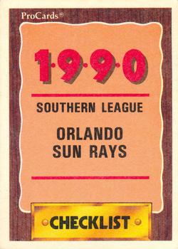 1990 ProCards #1074 Orlando Sun Rays Checklist Front