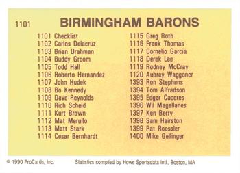 1990 ProCards #1101 Birmingham Barons Checklist Back