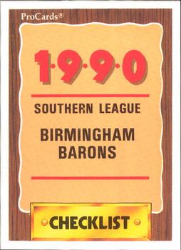 1990 ProCards #1101 Birmingham Barons Checklist Front