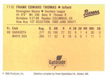 1990 ProCards #1116 Frank Thomas Back