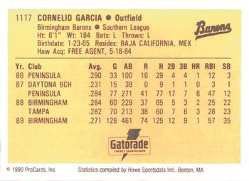 1990 ProCards #1117 Cornelio Garcia Back