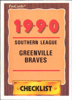 1990 ProCards #1121 Greenville Braves Checklist Front