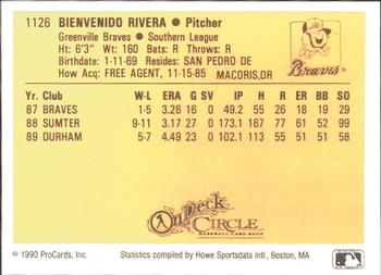 1990 ProCards #1126 Ben Rivera Back
