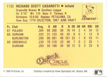1990 ProCards #1135 Rich Casarotti Back